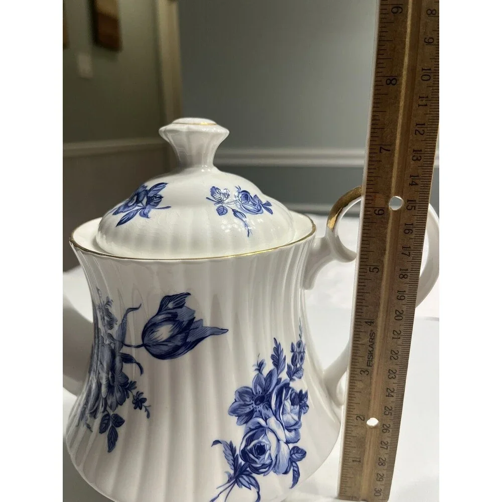 Vtg Royal Windsor Blue Roses Coffee Tea Pot Sugar & Creamer Set England